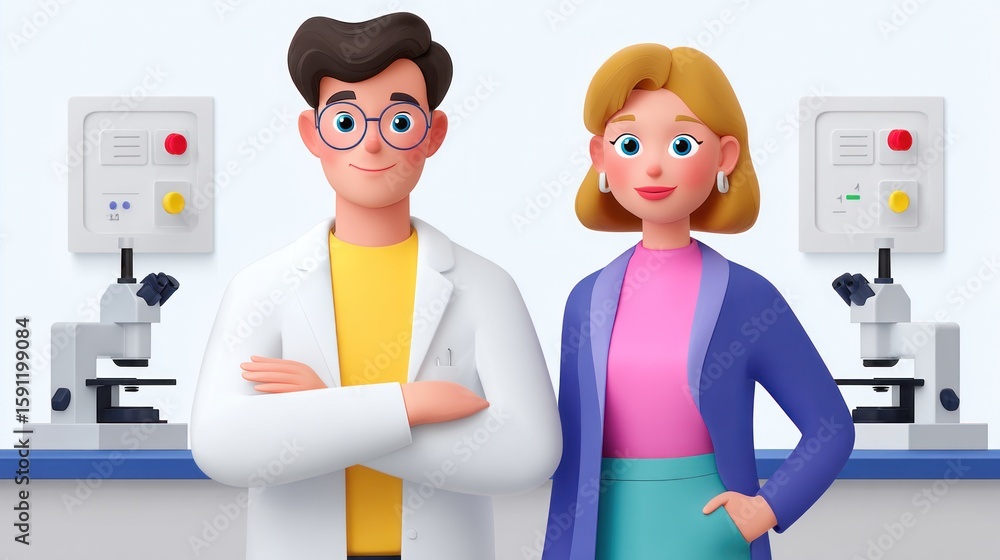 Poster scientists posing in laboratory with microscopes and control panel