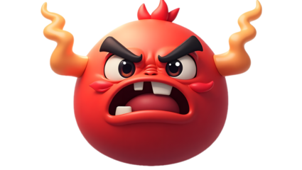Devil angry face emoji with red horns and furious expression, isolated on transparent background.
