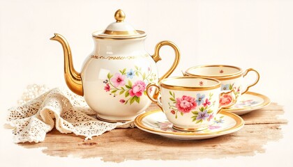 Antique porcelain tea set with floral design on wooden table  