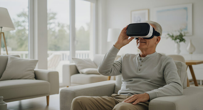 Elderly man experiencing virtual reality in modern living room with large windows and comfortable furniture for immersive technology and senior entertainment purposes