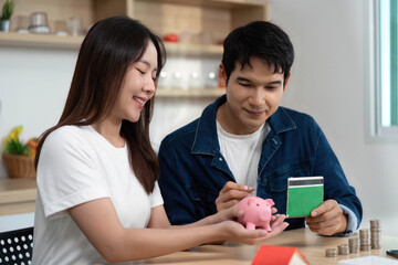 Financial Empowerment and Budgeting. Young couple discussing savings with piggy bank and financial...