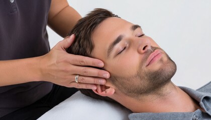 Obraz premium Physiotherapist massaging head of patient in clinic