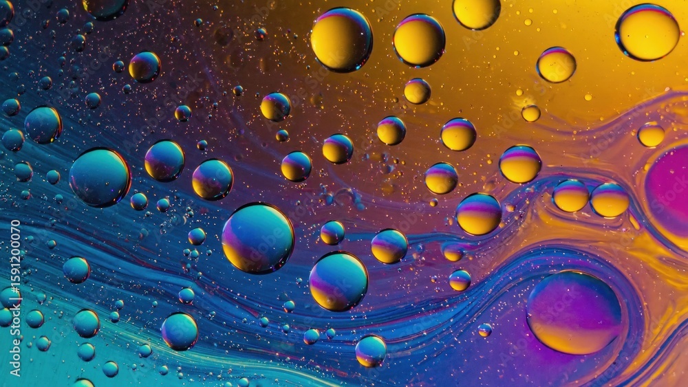Poster colorful oil bubbles floating on water surface creating abstract pattern