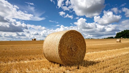 Hay bales in a golden field under a partly cloudy sky