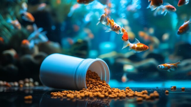 Goldfish in aquarium eating fish food.