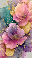 abstract fluid shapes and gold foil accents,
