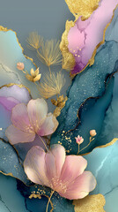 abstract fluid shapes and gold foil accents,