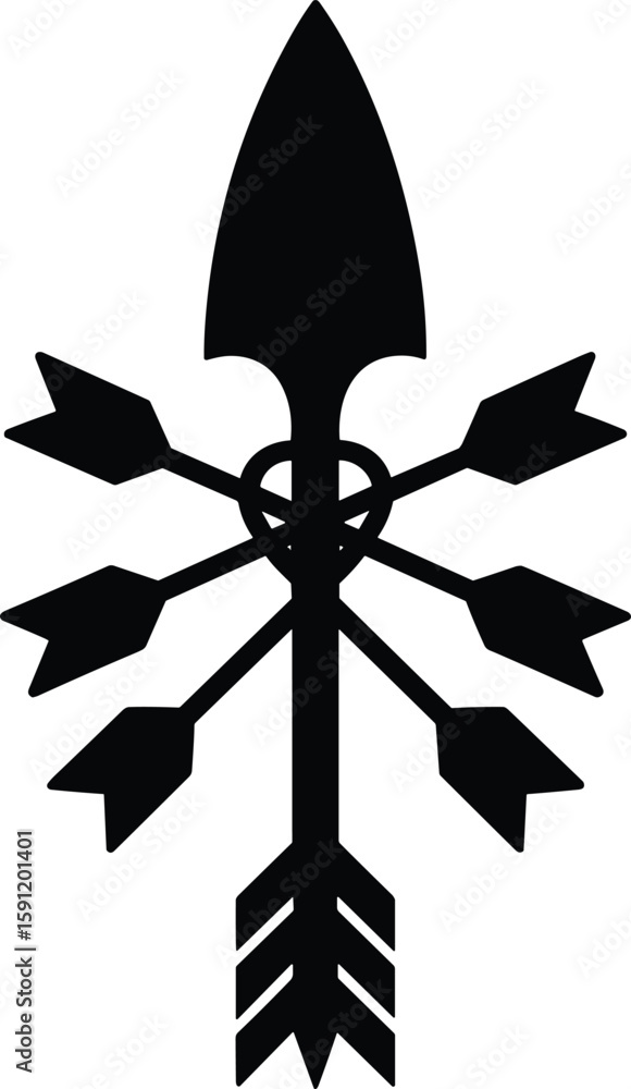 Poster decorative arrow design with intricate symbolism in black and white color scheme