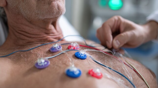 Doctor placing electrodes on patient's chest for electrocardiogram