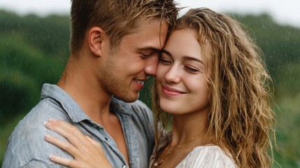 Fototapeta premium Young couple sharing a romantic moment in the rain