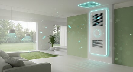 Futuristic Home Interior Modern Air Purifier Minimalist Design Green Accents Clean Air.