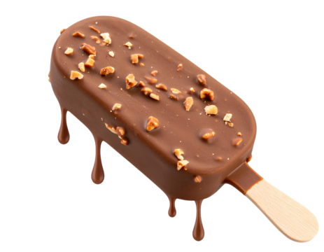 Melting Chocolate Ice Cream Bar with Visible Nuts and Dripping Edges, Transparent PNG.