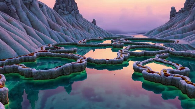 Azure tufa terraces with luminous jade ponds and sunlit scarlet moss in a remote secret valley at sunrise

