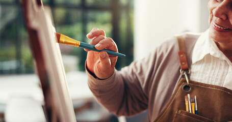 Hands, painting and artwork in home with canvas, smile and process with inspiration in retirement....