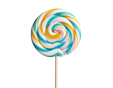 Pastel Twirl Lollipop with Sparkle Glaze and Curved Stick, Front-Left Perspective, Transparent PNG