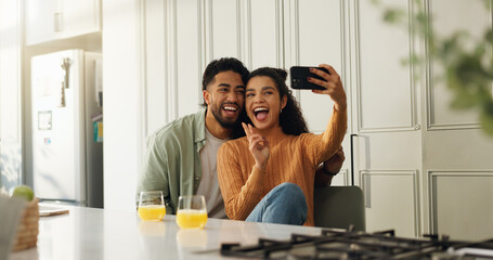 Bonding, couple or selfie in house, peace sign or affection for memory on social media or laughing....