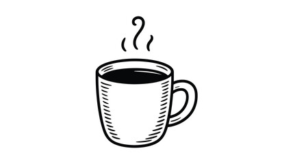 Simple Black and White Coffee Cup Illustration with Steaming Hot Coffee