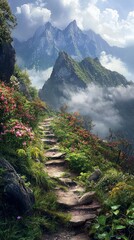 Scenic Mountain Path Surrounded by Blooming Flowers