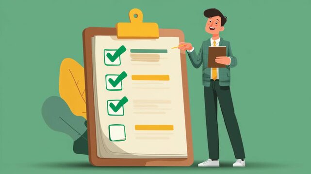 Digital procurement checklist clipboard task completed office showing businessman marking tasks with green check marks for efficient workflow