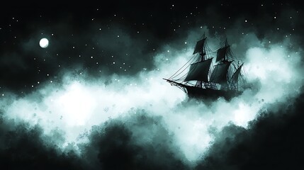 Mysterious Sailing Ship in a Starry Night Sky