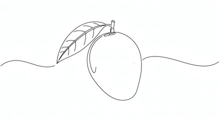Minimalist Line Drawing of Ripe Mango with Leaf – Elegant Black Outline on White Background, Modern Botanical Illustration for Packaging, Kitchen Decor, or Educational Material