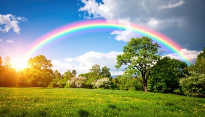 Naklejka premium Scenic spring landscape with rainbow