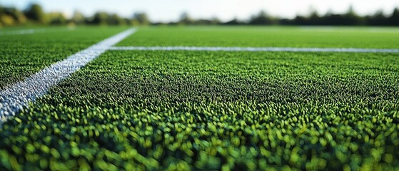 Close-up view of artificial turf with white lines, shallow depth of field, emphasizing texture