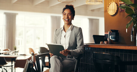 Happy woman, portrait or travel with tablet in hotel for online booking, accommodation or check in....