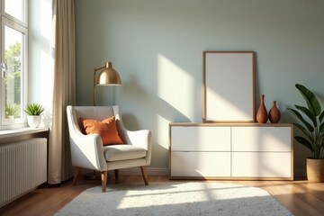 Bright airy guest room, armchair, drawer unit, mockups , photography, comfortable, image