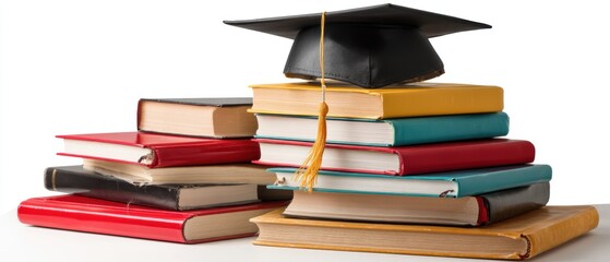 Graduation cap on stacked books.