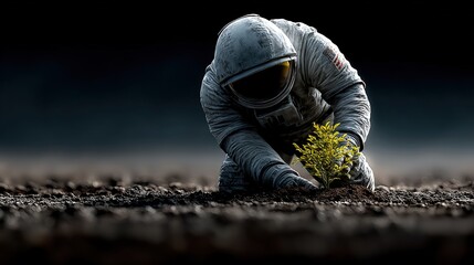 Astronaut Planting Seedling on Alien Soil in Surreal Landscape
