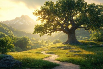 Fototapeta premium Digitally rendered landscape depicting a majestic oak tree on a sun-drenched hillside, a winding path leading towards a mountain range bathed in golden light