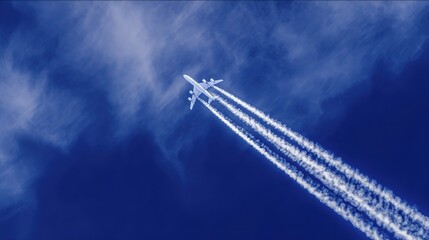 Airplane climbing into a clear blue sky, leaving white contrails against a backdrop of soft clouds.