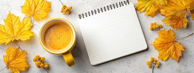 A yellow mug with coffee sits on a table next to a blank notebook