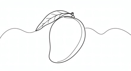 Minimalist Line Drawing of Ripe Mango with Leaf – Elegant Black Outline on White Background, Modern Botanical Illustration for Packaging, Kitchen Decor, or Educational Material