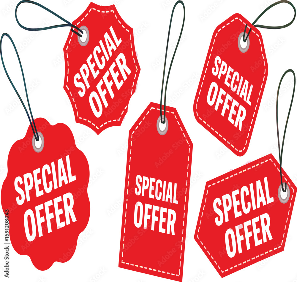 Poster collection of red special offer tags in various shapes with string on a white background image