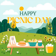 Flat cartoon illustration celebrating International Picnic Day, featuring outdoor picnic scene with a checkered blanket, food, drinks announcements, summer-themed marketing, educational material
