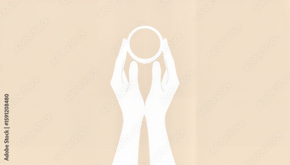 Poster hands holding a circular object against a minimal beige background