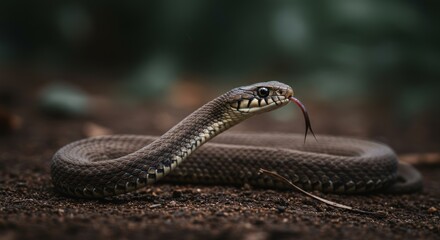 Fototapeta premium Brown Snake Flicking Tongue on Soil Ground in Dark Green Forest