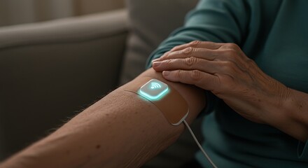 Illuminated Wireless Health Monitor on Arm Modern Medical Technology CloseUp.