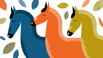 A stylized illustration of three horses in a minimalist, geometric art style against a white background.