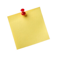 3D yellow sticky note with push pin isolated on transparent background
