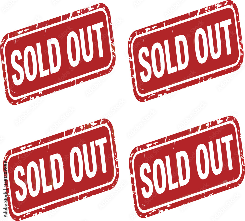 Poster four red sold-out signs with distressed borders arranged on a white background in a square pattern
