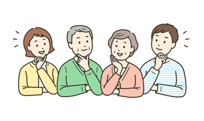 何かを考えて納得し笑顔になる高齢者夫婦と若い夫婦
