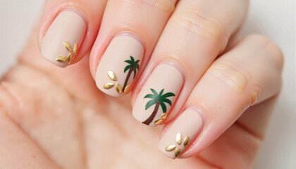 Elegant manicured nails with palm tree design and gold accents  