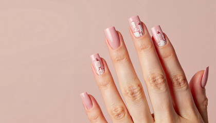 Elegant manicured nails with pink polish and floral design on pink background  