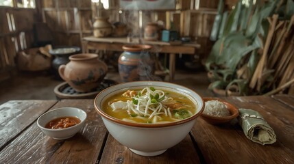 A traditional Indonesian soup with clear spiced broth, filled with shredded chicken, vermicelli, cabbage, and boiled egg, topped with fried shallots and served with sambal and rice for a warm