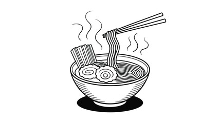 Black and White Illustration of a Bowl of Ramen Noodles
