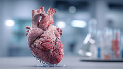 Cardiac output concept. Anatomically detailed heart model in a medical lab setting