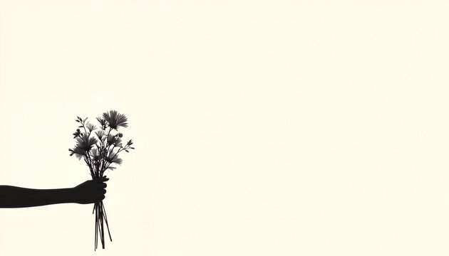 Black silhouette hand holding a bouquet of flowers on plain background  